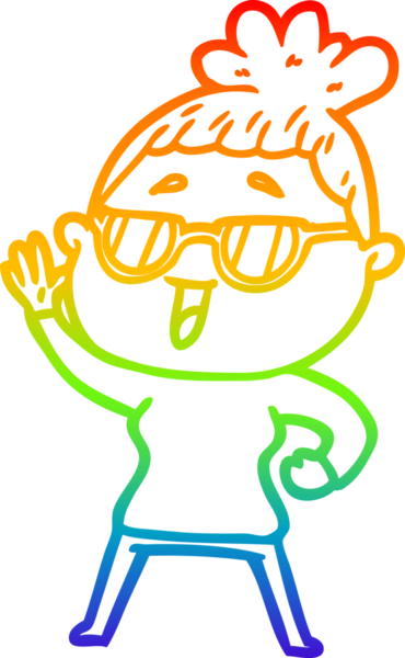 Bir insan tarafından çizilmiş gözlük takan mutlu bir kadının çizgi çizimi.