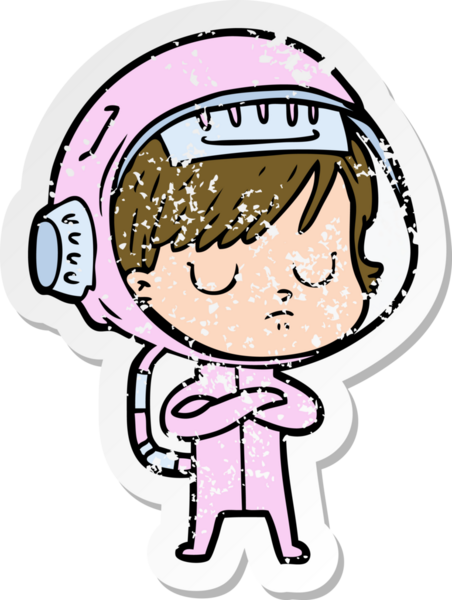 Bir insan tarafından çizilmiş karikatür astronot kadının sıkıntılı çıkartması.