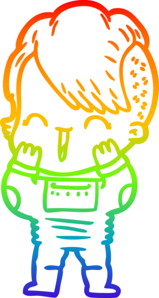 Gökkuşağı gradyan çizgi çizimi. Bir insan tarafından çizilmiş uzay elbisesi giyen mutlu bir hippi kız çizimi.