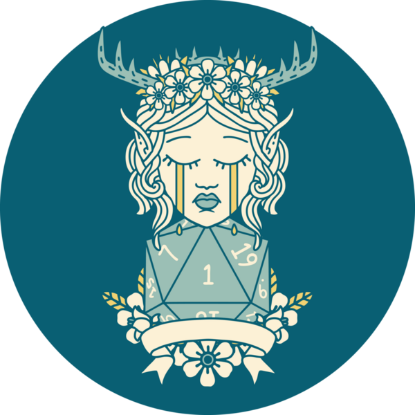 Retro Dövme Tarzı Üzgün Elf Karakteri Yüzü Doğal bir D20 ruloyla Bir insan tarafından çizilmiş