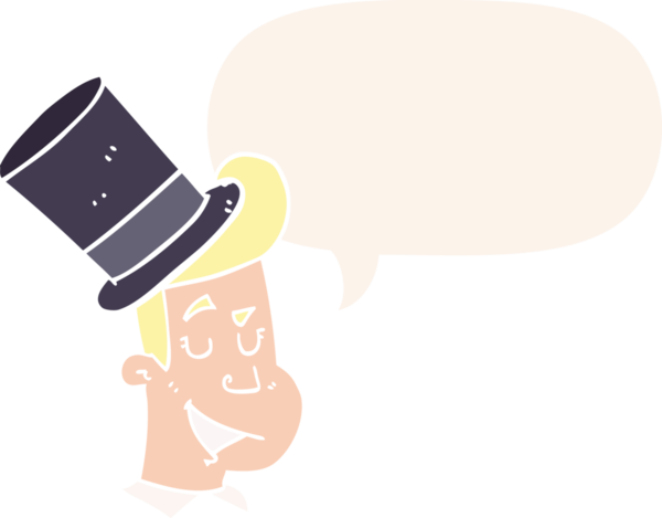 Bir insan tarafından çizilmiş, üzerinde konuşma balonu olan silindir şapkalı çizgi film adamı.