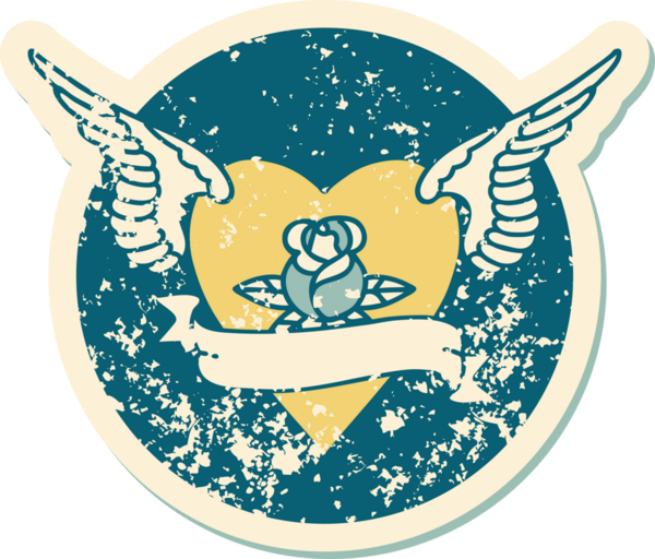 İkonik ıstıraplı dövme stili kanatlı kalp resmi bir insan tarafından çizilmiş bir gül ve bayrak.