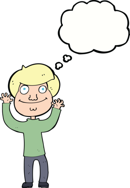 Bir insan tarafından çizilmiş düşünce balonu olan mutlu çocuk çizgi filmi.