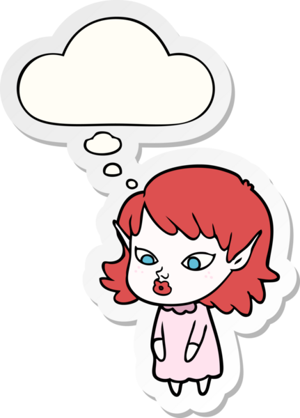 Karikatür elf kızı, sivri kulaklı, düşünce baloncuklu, insan tarafından çizilmiş bir çıkartma gibi.