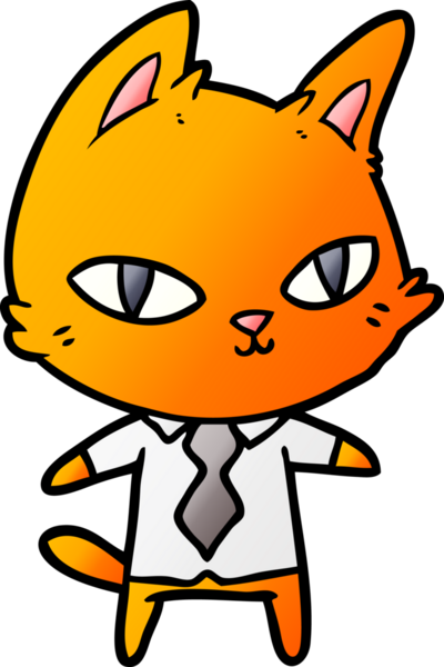 Bir insan tarafından çizilmiş ofis kıyafetleri içindeki çizgi film kedisi.