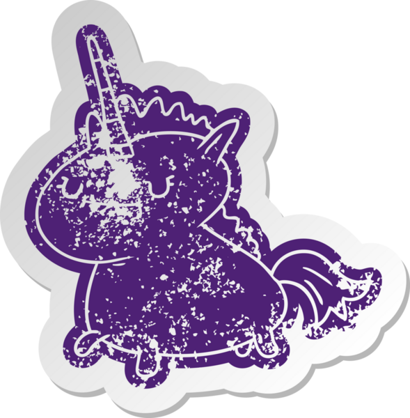 Bir insan tarafından çizilmiş sihirli tek boynuzlu atın sıkıntılı eski çizgi film çıkartması.