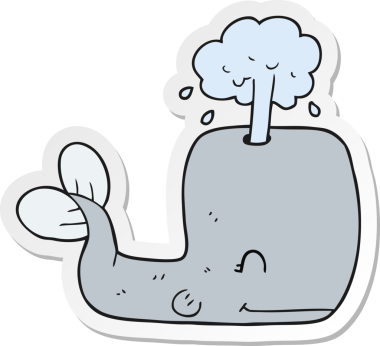 Bir insan tarafından çizilmiş su püskürten bir karikatür balinasının etiketi.