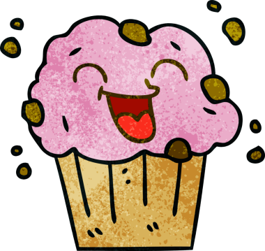 Bir insan tarafından çizilmiş garip, mutlu bir kek.