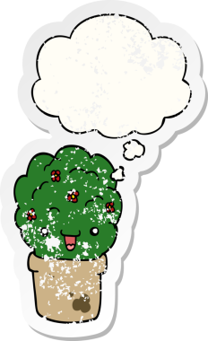 Düşünce baloncuğuyla saksıda çalı çırpı, bir insan tarafından çizilmiş yıpranmış bir çıkartma gibi.