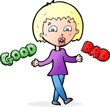 Bir insan tarafından çizilmiş iyi ve kötü seçenekleri değerlendiren çizgi film kadını.