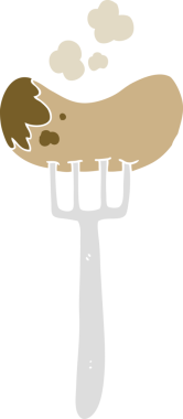 Bir insan tarafından çizilmiş düz renk çizgi film sosis ve çatal