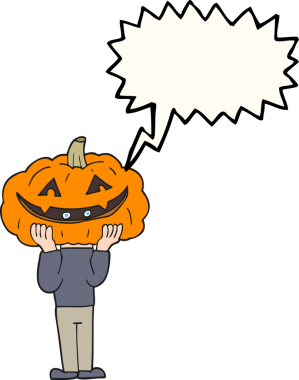 Bir insan tarafından çizilmiş serbest konuşma baloncuğu balkabağı kafası Cadılar Bayramı kostümü