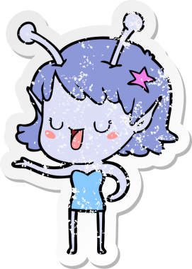 Bir insan tarafından çizilmiş mutlu uzaylı kız çizgi filminin sıkıntılı çıkartması.