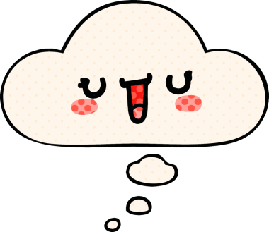 Bir insan tarafından çizilmiş, düşünce baloncuklu mutlu çizgi film yüzü.