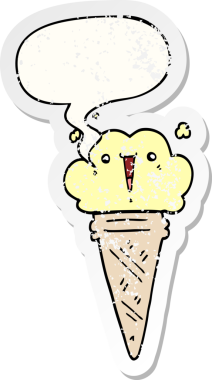 Yüzünde konuşma balonu olan karikatür dondurması bir insan tarafından çizilmiş sıkıntılı eski bir çıkartma.