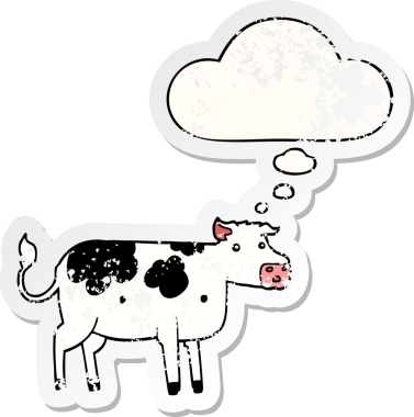 Düşünce baloncuğu olan çizgi film ineği insan tarafından çizilmiş yıpranmış bir çıkartma gibi.