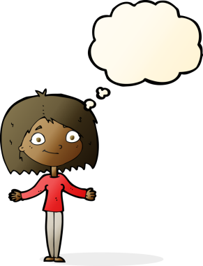 Bir insan tarafından çizilmiş düşünce baloncuğuyla omuz silken çizgi film kadını.