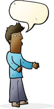 Bir insan tarafından çizilen konuşma baloncuğuyla açıklama yapan çizgi film adamı.