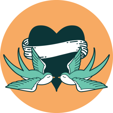 Kırlangıçların ikonik dövme şekli ve bir insan tarafından çizilmiş bir kalp.