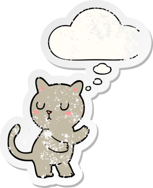 Düşünce baloncuğu olan çizgi film kedisi insan tarafından çizilmiş yıpranmış bir çıkartma.