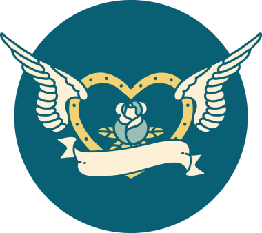 Bir insan tarafından çizilmiş çiçek ve bayrak ile uçan bir kalbin ikonik dövme görüntüsü