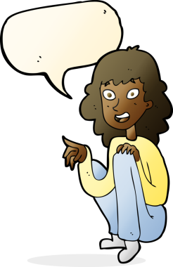 çizgi film mutlu kadın bir insan tarafından çizilmiş konuşma balonuyla oturuyor ve işaret ediyor