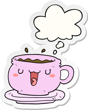 Güzel bir çizgi film fincanı ve insan tarafından çizilmiş bir çıkartma olarak düşünce baloncuğu olan bir fincan tabağı.