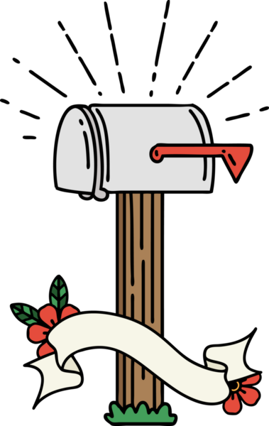 Bir insan tarafından çizilmiş dövme stili kapalı posta kutusu olan kaydırma pankartı