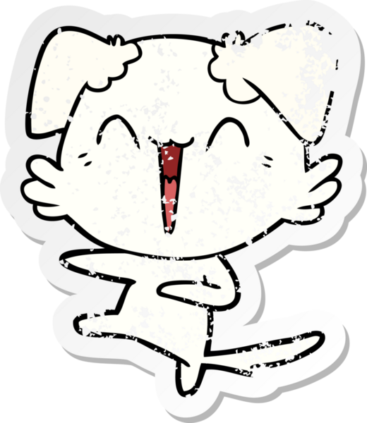 Bir insan tarafından çizilmiş mutlu dans eden köpek karikatürünün sıkıntılı çıkartması.