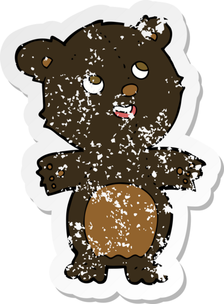 Bir insan tarafından çizilmiş mutlu, küçük, siyah bir ayının depresif çıkartması.