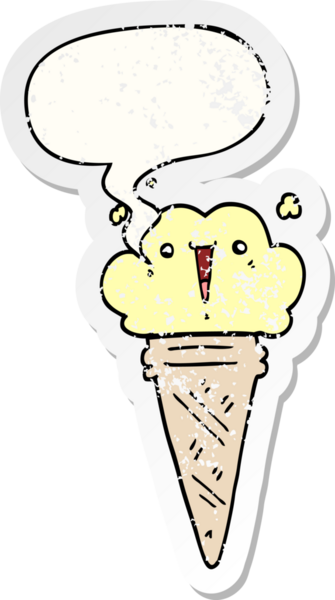 Yüzünde konuşma balonu olan karikatür dondurması bir insan tarafından çizilmiş sıkıntılı eski bir çıkartma.