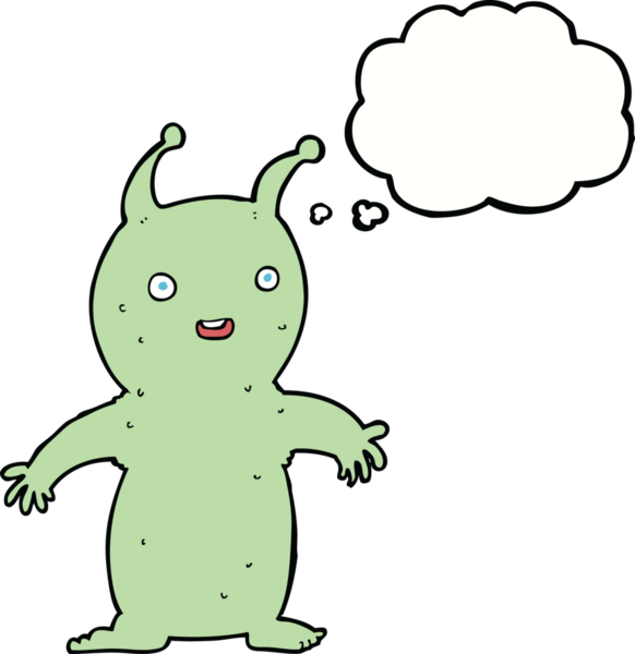 Bir insan tarafından çizilmiş düşünce baloncuğu olan mutlu küçük uzaylı çizgi filmi.