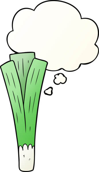 Düşünce baloncuğu olan pırasa çizgi film şeridi bir insan tarafından çizilmiş.