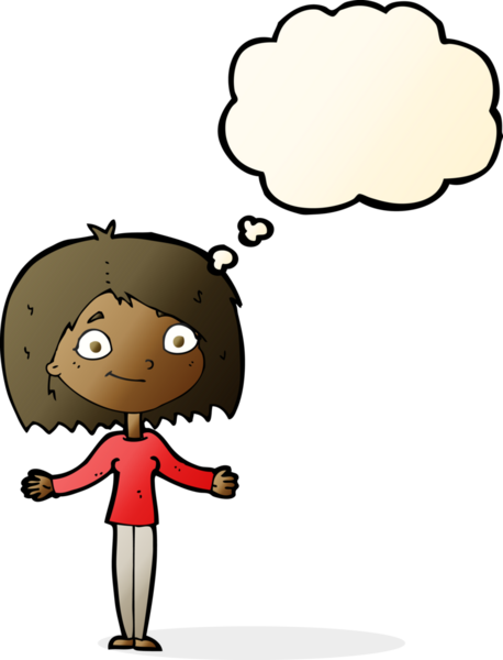 Bir insan tarafından çizilmiş düşünce baloncuğuyla omuz silken çizgi film kadını.