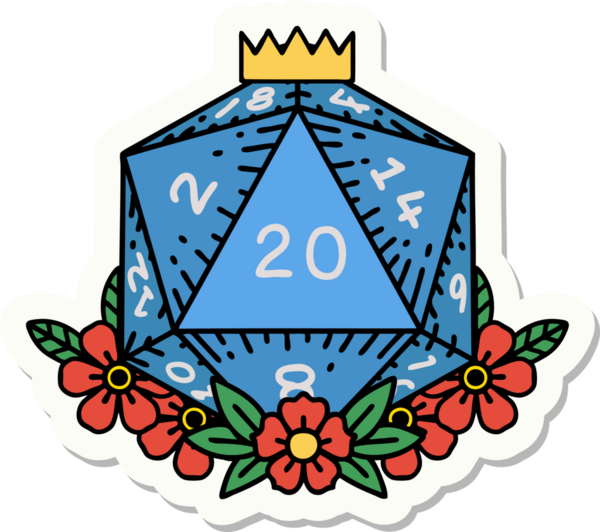 Bir insan tarafından çizilmiş 20 D20 zarının etiketi.