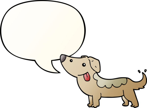 Bir insan tarafından çizilmiş, konuşma baloncuklu çizgi film köpeği.
