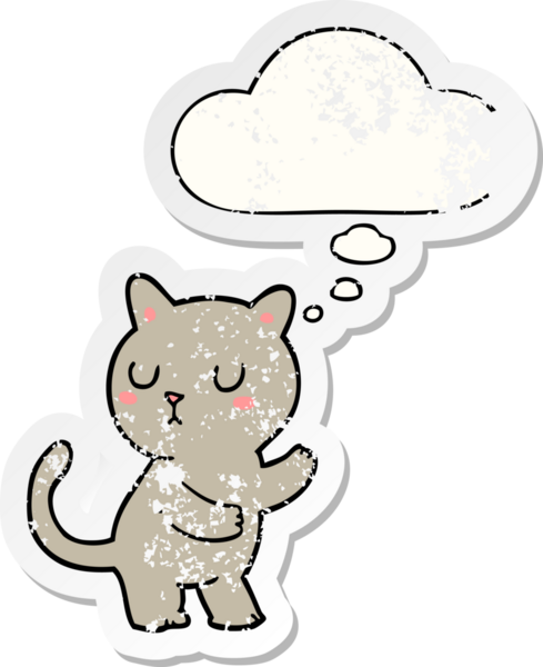 Düşünce baloncuğu olan çizgi film kedisi insan tarafından çizilmiş yıpranmış bir çıkartma.