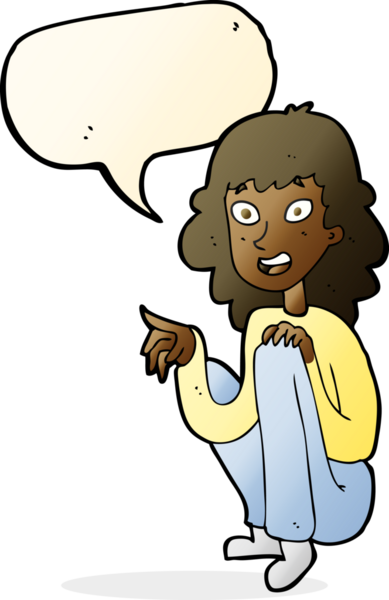 çizgi film mutlu kadın bir insan tarafından çizilmiş konuşma balonuyla oturuyor ve işaret ediyor