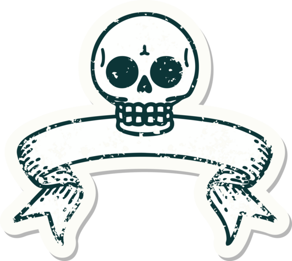 Bir insan tarafından çizilmiş kafatasının pankartıyla eski bir etiket.