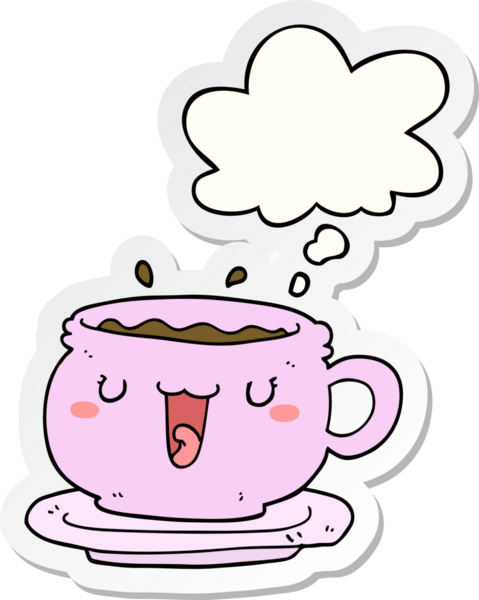 Güzel bir çizgi film fincanı ve insan tarafından çizilmiş bir çıkartma olarak düşünce baloncuğu olan bir fincan tabağı.