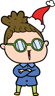 Bir insanın çizdiği Noel Baba şapkası takan gözlüklü bir kadının el çizimi.