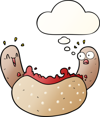 Düşünce baloncuklu çizgi film sosislisi bir insan tarafından çizilmiş.