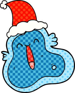 Bir insan tarafından çizilmiş Noel Baba şapkası giyen bir mikropun el çizimi çizgi roman çizimi.