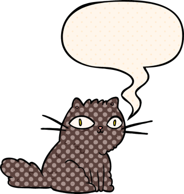 Çizgi roman tarzında bir insan tarafından çizilmiş bir konuşma balonuyla sana bakan çizgi film kedisi.