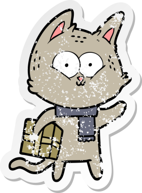 Bir insan tarafından çizilmiş Noel hediyesini taşıyan bir çizgi film kedisinin sıkıntılı çıkartması.