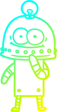 Bir insan tarafından çizilmiş ampullü mutlu bir robot çizimi.