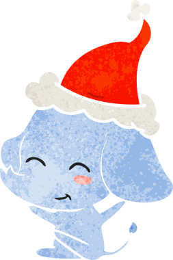 Bir insan tarafından çizilmiş Noel Baba şapkası takan bir fil çizilmiş.