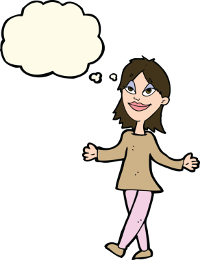 Bir insan tarafından çizilen düşünce baloncuğu ile ilgili endişesi olmayan çizgi film kadını.