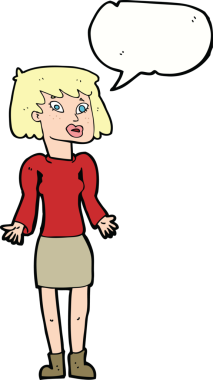 Bir insan tarafından çizilmiş konuşma baloncuğuyla omuz silken çizgi film kadını.