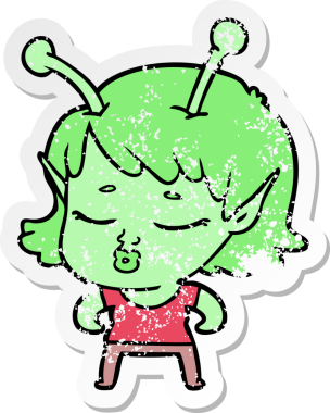 Bir insan tarafından çizilmiş sevimli bir uzaylı kız çizgi filminin sıkıntılı çıkartması.